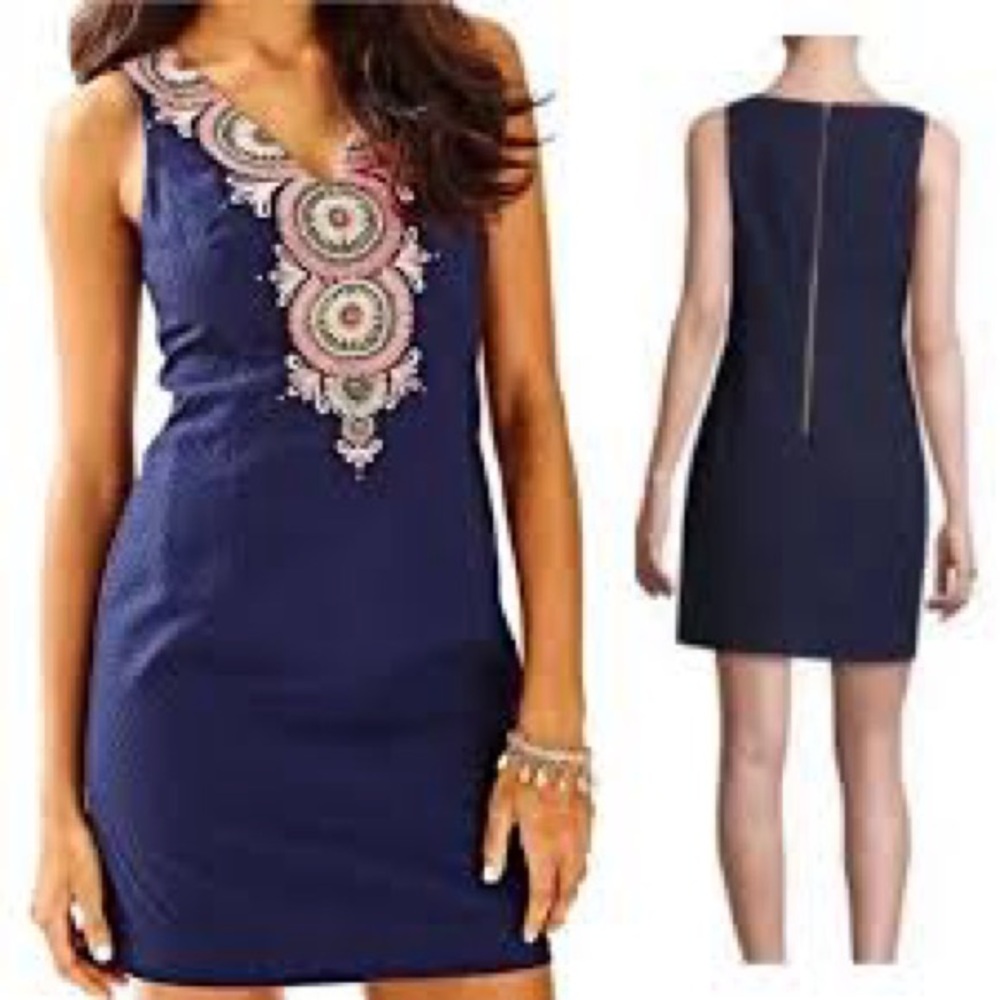 LILLY PULITZER Gabby Embroidered Beaded Navy Blue Mini Sleeveless Shift Dress - Picture 3 of 13